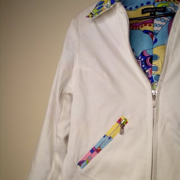 Nicole Max Jacket M Y2K Retro Full Zip Pockets White With Colorful Trim - Picture 4 of 13